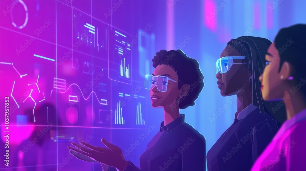 Poster a diverse team of data scientists brainstorming with holographic ai models and graphs in the backgro