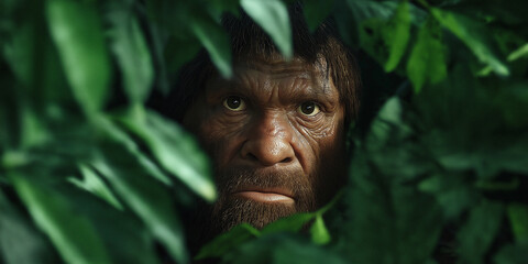 Serious neanderthal man hiding looking through jungle leaves