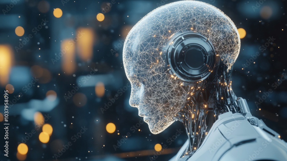 Poster a futuristic robotic brain visualizing interconnected nodes, symbolizing ai-powered deep learning ne