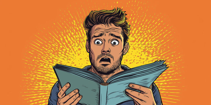 Shocked man reading a book with exaggerated expression