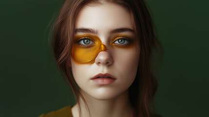 Fototapeta premium Milky pale white girl with earthy, organic, fierce facial paint on deep dark, solid emerald-colored background