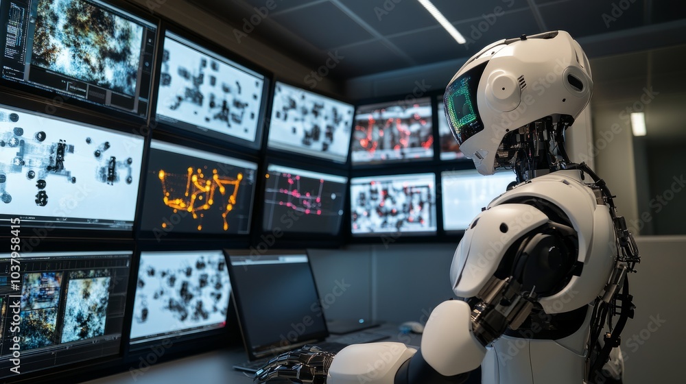 Poster a humanoid robot analyzing images on multiple screens, powered by ai algorithms.