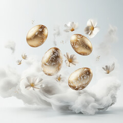 Elegant golden eggs decorated with floral patterns float among soft, white clouds and delicate flowers against a light background, creating a serene, ethereal scene.
