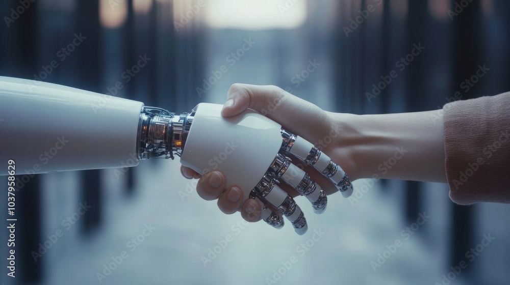 Poster a robot and human shaking hands, symbolizing collaboration through machine learning and ai.