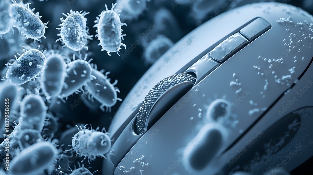 Poster close-up of bacterial growth around computer mouse scroll wheel highlighting contamination