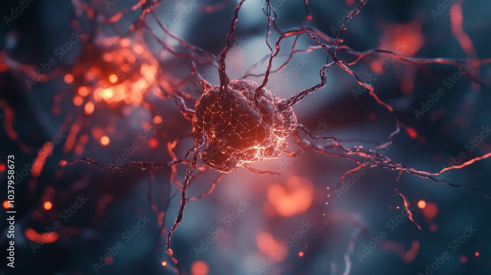 Poster an abstract 3d network of neurons forming complex connections, showcasing ai learning patterns.