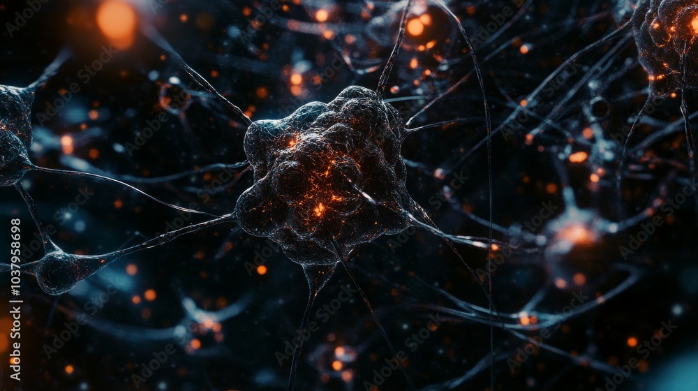 Poster an abstract 3d network of neurons forming complex connections, showcasing ai learning patterns.
