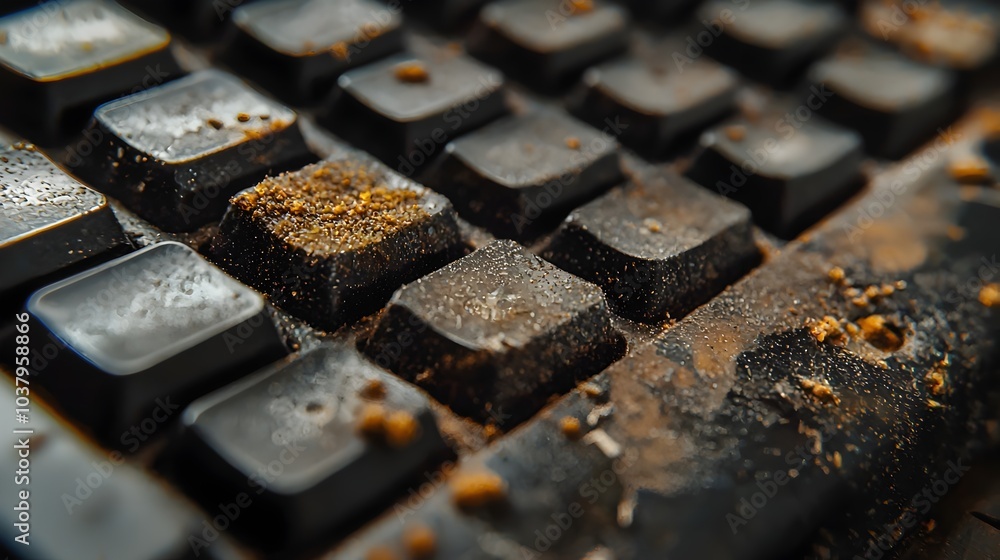 Poster closeup view of dirt and bacteria contaminating computer keyboard