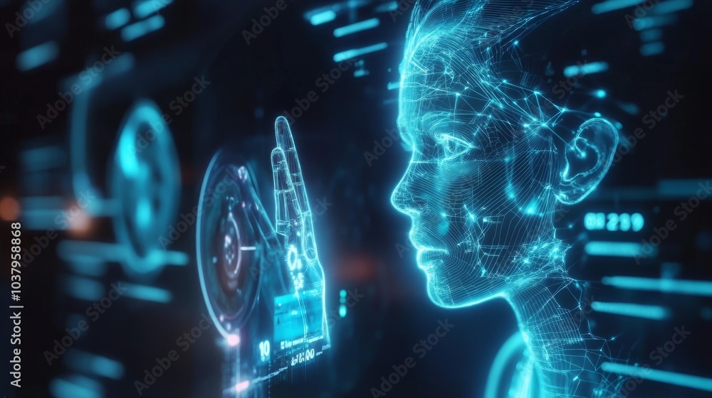 Poster an ai-powered assistant displayed as a hologram interacting with users through natural language proc