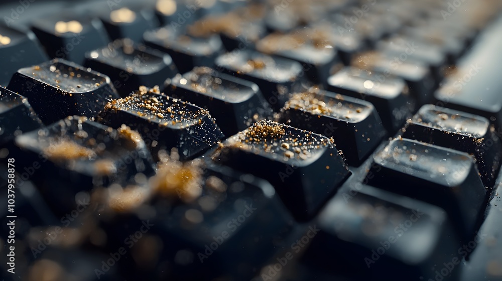 Poster macro close-up of grimy bacteria and dirt on computer keyboard key showing hygiene hazard