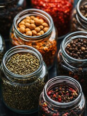 A vibrant array of spices in jars showcases the rich tapestry of culinary flavors and diversity.