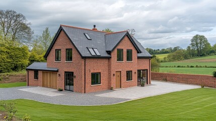 A modern brick house with a landscaped garden and driveway in a rural setting.