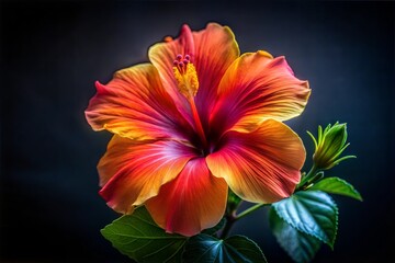 Obraz premium Red and yellow hibiscus flower blooming against dark background