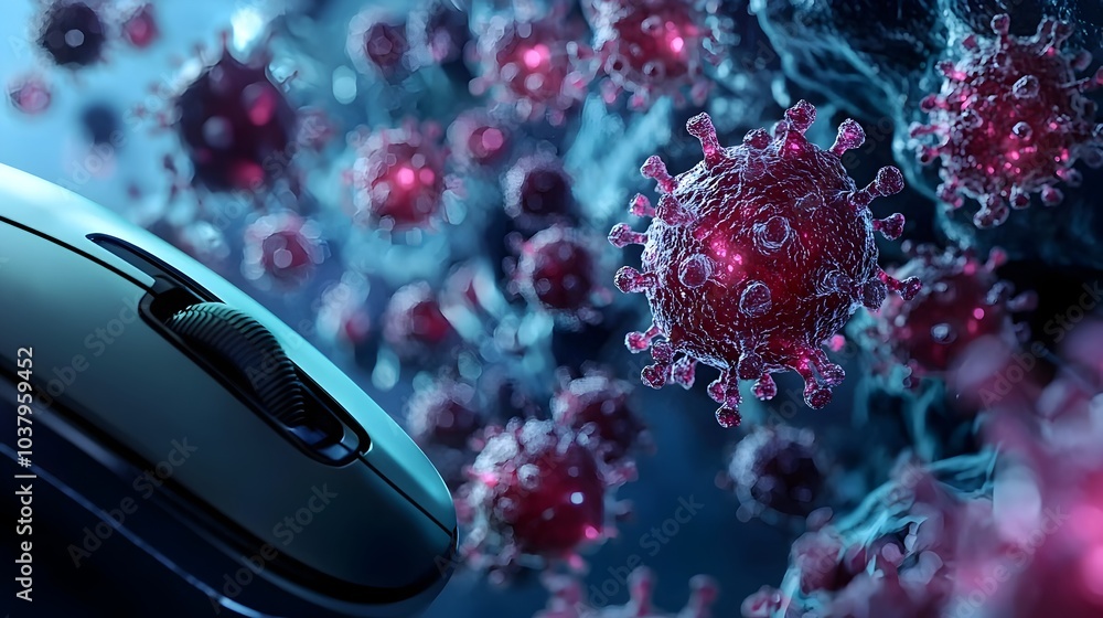 Poster microscopic bacterial colonies forming on computer mouse,spreading unseen tech germs