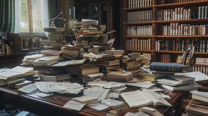 Fototapeta premium Old fashioned messy office desk covered in paperwork suggesting bankruptcy