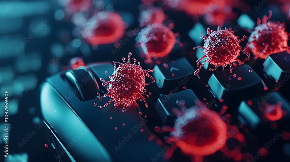 Poster microscopic bacterial colonies spreading on computer mouse