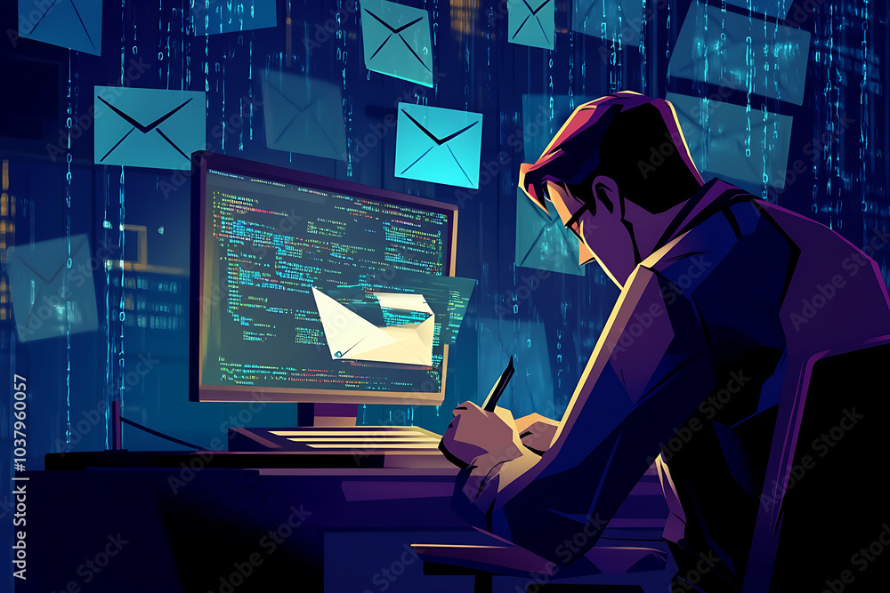 Poster a person coding at a computer surrounded by digital mail icons, emphasizing communication.