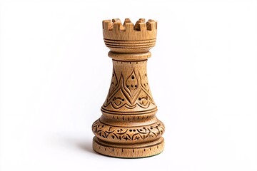 An intricately crafted chess piece stands alone against a pristine white backdrop, highlighting exquisite details for avid collectors.