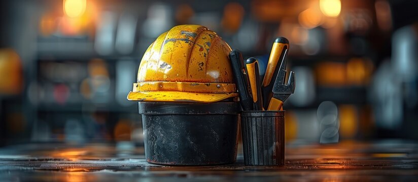 A yellow hard hat, tools in a cup, and a bucket sit on a wooden table in a dimly lit workshop. - Powered by Adobe