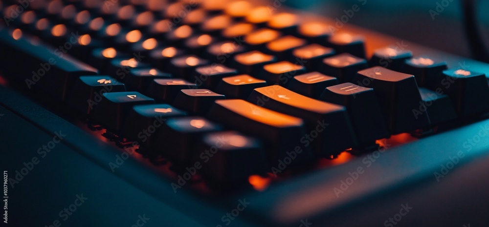 Poster close up of backlit keyboard keys in orange and blue light.