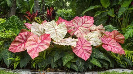 Lush Tropical Caladium Bicolor Leaves with Dewdrops in a Flourishing Garden