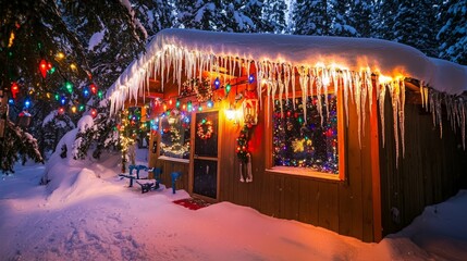 Obraz premium A cozy cabin decorated for the holidays with twinkling lights, a wreath, and a snow-covered roof.