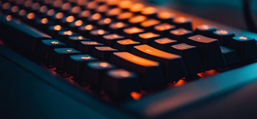 Close up of backlit keyboard keys in orange and blue light.