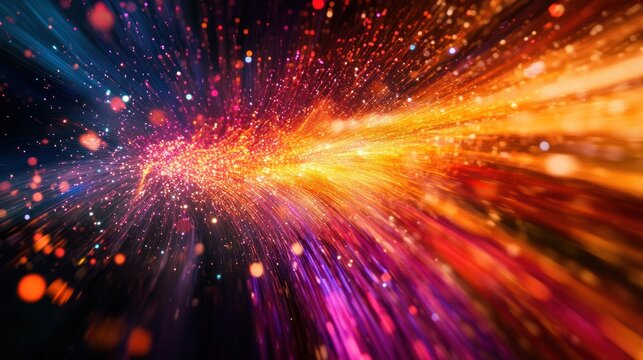 A close-up shot of fireworks bursting into colorful explosions, captured with a slow shutter speed to create trails of light. The background is a deep, starry night sky