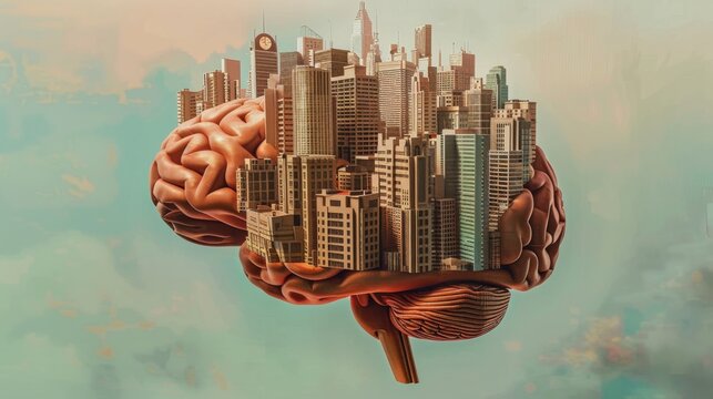 a human brain transformed into a vibrant cityscape, with towering skyscrapers and winding streets