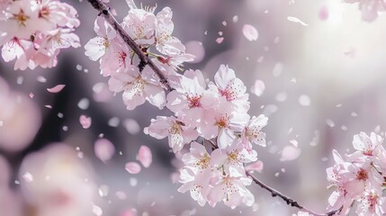Naklejka premium A close-up shot of a cherry blossom branch with petals falling in the wind.