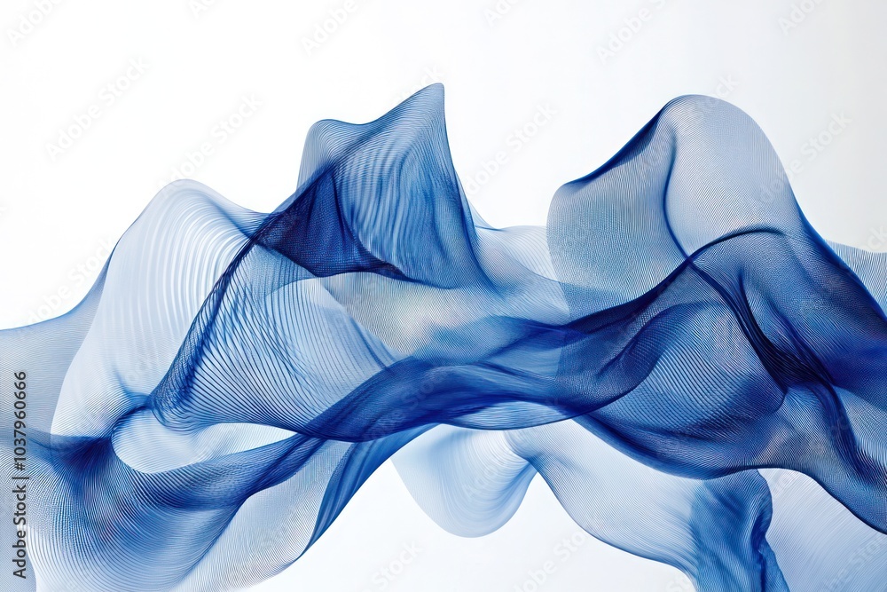Poster a dynamic arrangement of blue wave lines that create an illusion of motion and depth, against a brig