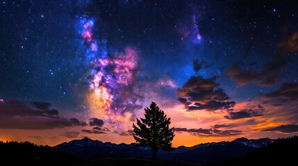 Obraz premium A dramatic night sky bursting with stars, where the vibrant colors of the Milky Way arch gracefully overhead. Wispy clouds add texture to the scene