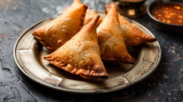 Crispy fried pastries filled with spiced potatoes and minced meat, served on a metal tin plate.