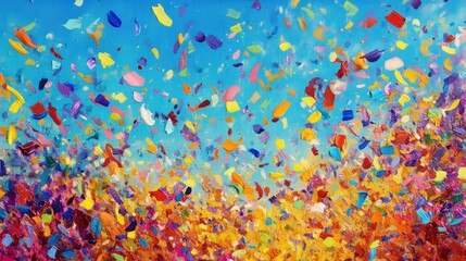 A dynamic image of confetti bursting into the air in a rainbow of colors during a lively festival. The confetti appears to be suspended in motion, capturing the excitement and joy of the moment