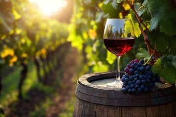 A glass of deep red wine resting on an aged wooden barrel, surrounded by lush green vines in a picturesque Tuscan vineyard. The sun casts a warm glow over the scene