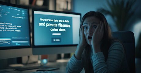 woman in office is shocked by the message "Your personal data and private files will be plasma led display screen with cyber attack online store, on it text written "Make limestone". The company has m