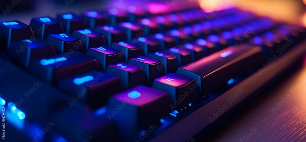 Poster close-up of a black gaming keyboard with colorful backlighting.
