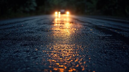 A nighttime shot of a deserted road with newly paved wet asphalt, illuminated by the headlights of a passing car, highlighting the texture and sheen of the surface