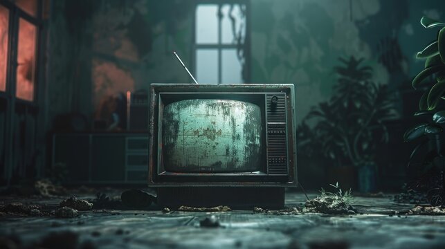 An old TV with a loading screen in a dark room with moody lighting and a nostalgic atmosphere.