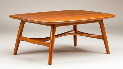 Fototapeta premium A sleek, mid-century modern wooden coffee table with smooth curves and angled legs, showcasing elegant craftsmanship and minimalist design.