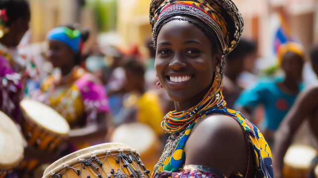The festive atmosphere at the Dakar Carnival, the streets are filled with dancers in traditional costumes and drummers, local markets are filled with traditional Senegalese crafts and food