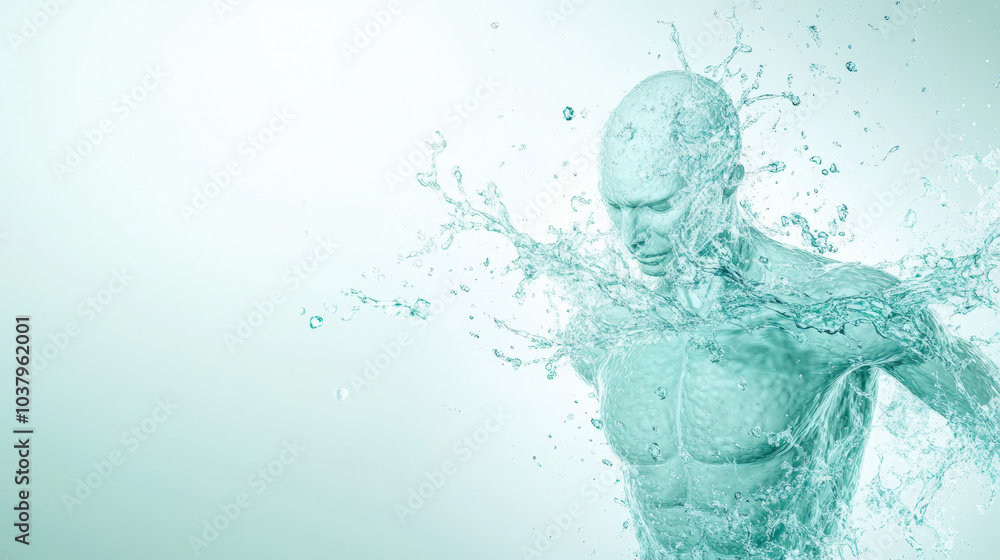 Poster a human figure made of water, emerging dynamically with splashes, representing fluidity and motion a