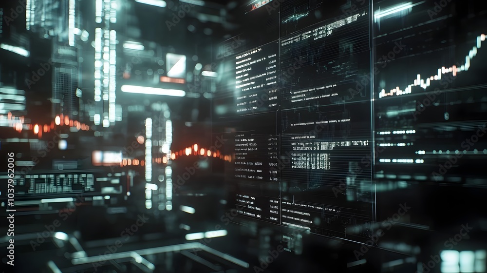 Poster malfunctioning futuristic trading terminal with floating numbers and digital glitches