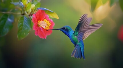 Fototapeta premium A vibrant hummingbird feeding on a colorful hibiscus flower in a lush garden setting.