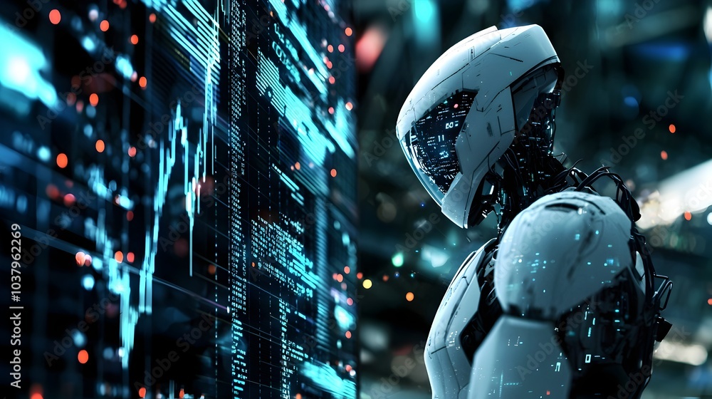 Poster futuristic robot trader short-circuiting as graphs malfunction and crash