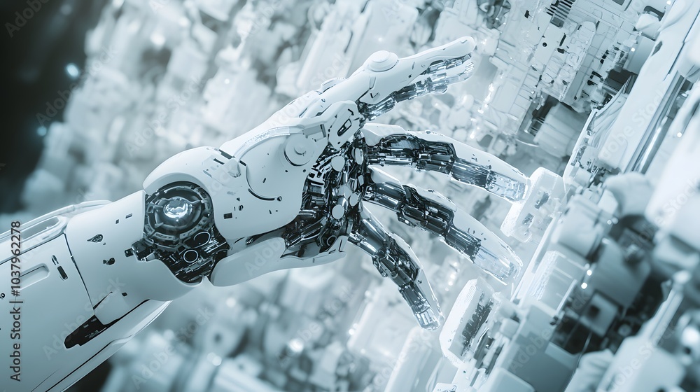 Poster white robot hand creating future technology structure 3d rendering.