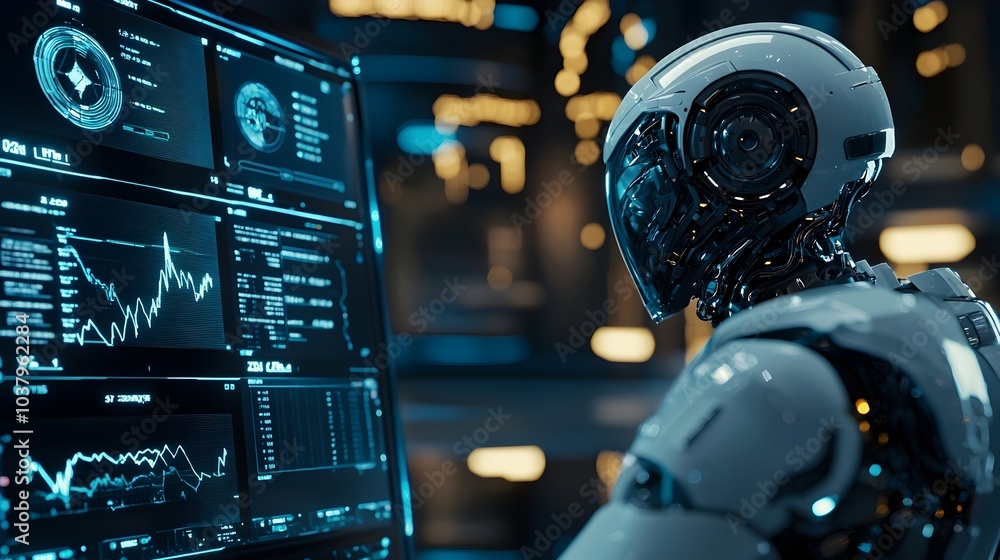 Poster malfunctioning futuristic robot trader as market graphs crash on its digital dashboard