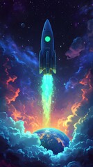 Fototapeta premium A vibrant rocket launching into space amidst colorful clouds and a glowing planet.