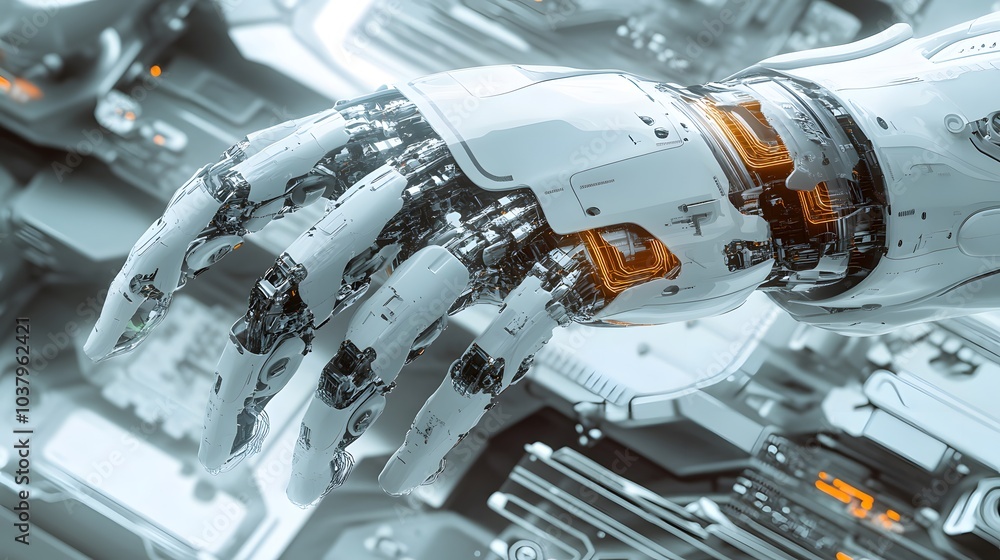 Poster white robot hand creating future technology structure 3d rendering.