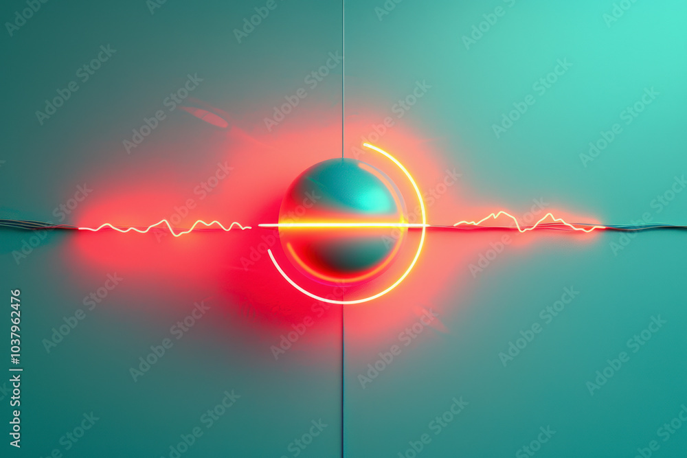 Poster a futuristic digital artwork featuring a sphere intersected by neon red light waves on a soft teal b